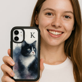 Monograma de Gato Tuxedo em Aquarela