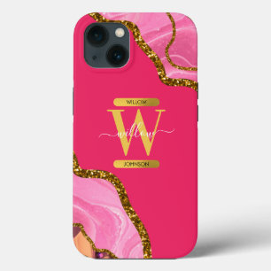 Monograma de Glitter de Geodo de Agato Rosa e Dour
