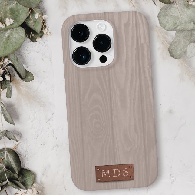 Monograma de Grãos de Madeira Lavados Rosa-Rosa-Es (A blush pink wash wood look phone case with space for your initials)