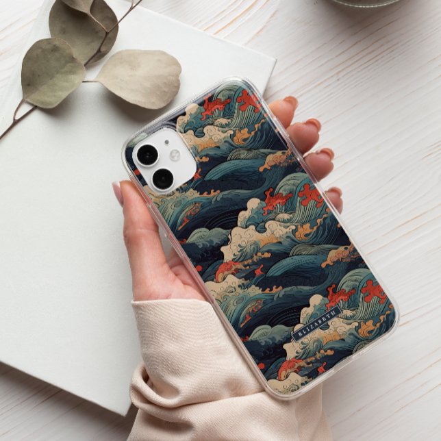 Monograma de Ondas Vermelhas e Azul Seigaiha Japon (Criador carregado)