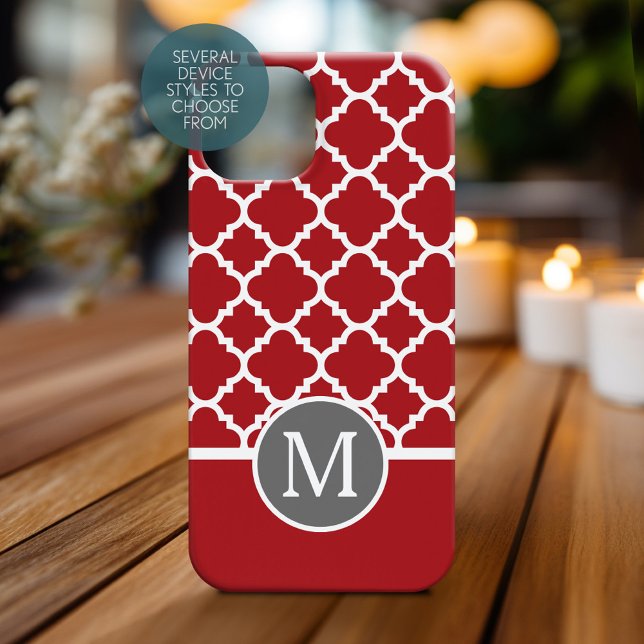 Monograma de Padrão Geométrico Vermelho e Cinza (Personalized Phone Case with Monogram)