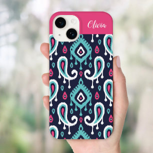 Monograma de Paisley de Ikat, marinho e Rosa