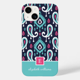 Monograma de Paisley de Ikat, marinho e Rosa