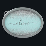 Monograma de Prata Leve Azul Aqua<br><div class="desc">Azul-Aqua - Balão-de-Leite e Silver Sparkle Script Monograma Name Belt Buckle. Isso faz a formatura perfeita, doce 16 16, 18, 21rua, 40, 50, 60, 70, 80, 90, 100 anos, casamento, chá de panela, aniversário, chá de fraldas ou presente de festa de solteira para alguém que ama luxo de vidro e...</div>