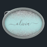 Monograma de Prata Leve Azul Aqua<br><div class="desc">Azul-Aqua - Balão-de-Leite e Silver Sparkle Script Monograma Name Belt Buckle. Isso faz a formatura perfeita, doce 16 16, 18, 21rua, 40, 50, 60, 70, 80, 90, 100 anos, casamento, chá de panela, aniversário, chá de fraldas ou presente de festa de solteira para alguém que ama luxo de vidro e...</div>