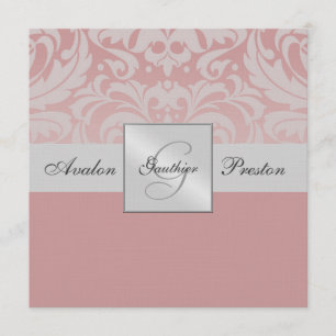 Monograma de prata Linen Damask Pink Convite