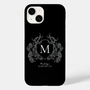 Monograma de repouso floral branco e preto moderno