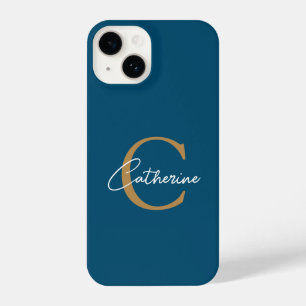 Monograma de Script Dourado e Azul Elegante Minima