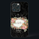 Monograma de Script Preto Cor-de-Rosa Floral Elega<br><div class="desc">"Elegante Vintage Floral Pink Preto Monograma iPhone 13 Case."O    Elegante buquê botânico floral vintage enquadra seu nome e monograma sobre um fundo de cor damasco preto tom-a-tom.  Criada por uma artista internacionalmente licenciada,  Audrey Jeanne Roberts,  copyright.</div>
