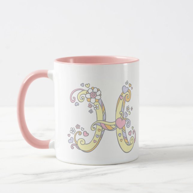 Monograma decorativo Corações H e caneca de flores (Esquerda)