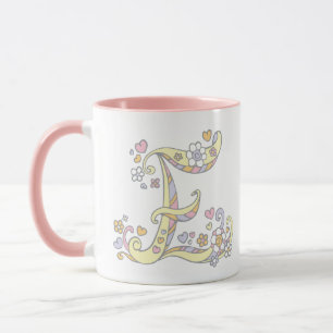 Monograma decorativo E corações e caneca de flores