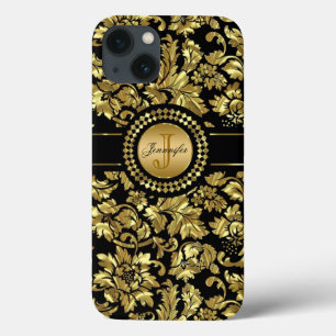 Monograma do Damasco Dourado Preto e Metálico