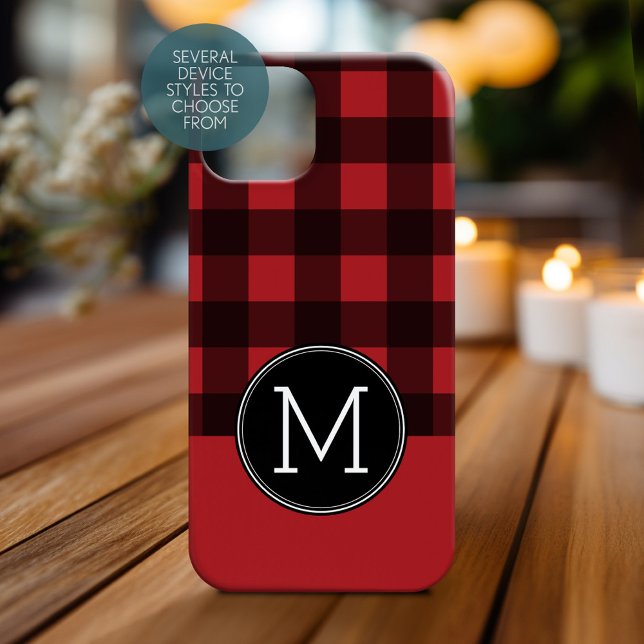 Monograma do Padrão Rustic Red & Black Buffalo Xad (Personalized Phone Case with Monogram)