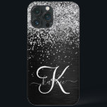 Monograma do Sparkle Preto com Glitter de Prata Pe<br><div class="desc">Personalize facilmente esta elegante design de capa de telefone de de tendências que apresenta brilho prateado bonito num fundo metálico escovado preto.</div>