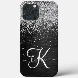Monograma do Sparkle Preto com Glitter de Prata Pe
