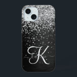 Monograma do Sparkle Preto com Glitter de Prata Pe<br><div class="desc">Personalize facilmente esta elegante design de capa de telefone de de tendências que apresenta brilho prateado bonito num fundo metálico escovado preto.</div>