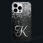 Monograma do Sparkle Preto com Glitter de Prata Pe<br><div class="desc">Personalize facilmente esta elegante design de capa de telefone de de tendências que apresenta brilho prateado bonito num fundo metálico escovado preto.</div>