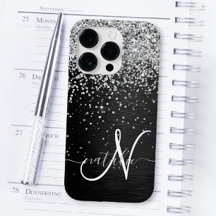Monograma do Sparkle Preto com Glitter de Prata Pe