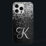 Monograma do Sparkle Preto com Glitter de Prata Pe<br><div class="desc">Personalize facilmente esta elegante design de capa de telefone de de tendências que apresenta brilho prateado bonito num fundo metálico escovado preto.</div>
