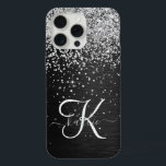 Monograma do Sparkle Preto com Glitter de Prata Pe<br><div class="desc">Personalize facilmente esta elegante design de capa de telefone de de tendências que apresenta brilho prateado bonito num fundo metálico escovado preto.</div>