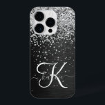 Monograma do Sparkle Preto com Glitter de Prata Pe<br><div class="desc">Personalize facilmente esta elegante design de capa de telefone de de tendências que apresenta brilho prateado bonito num fundo metálico escovado preto.</div>