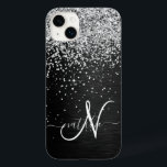 Monograma do Sparkle Preto com Glitter de Prata Pe<br><div class="desc">Personalize facilmente esta elegante design de capa de telefone de de tendências que apresenta brilho prateado bonito num fundo metálico escovado preto.</div>