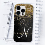 Monograma Dourado de brilho preto com brilho perso<br><div class="desc">Personalize facilmente esta elegante design de capa de telefone de de tendências que apresenta brilho bonito dourado brilhante num fundo metálico escovado preto.</div>