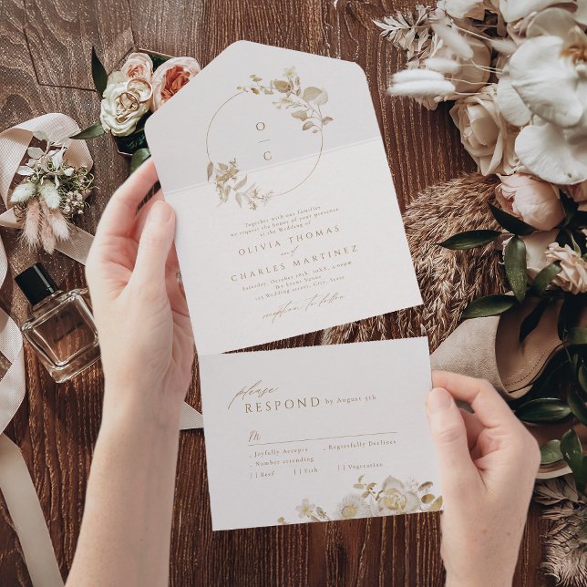 Monograma Dourado de Casamento Floral Botânico Ele (Elegant Gold Botanical Floral Wedding Monogram All All In One Invitation)