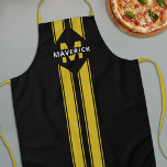 Monograma e Nome do Chef Masculino<br><div class="desc">Mapas personalizados com um fundo preto na moda,  faixas desportivas amarelas,  sua inicial e nome. Este avental personalizado faria um presente de excelente para dia de os pais ou aniversário!</div>