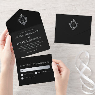 Monograma e RSVP do Casamento vintage Preto Crest