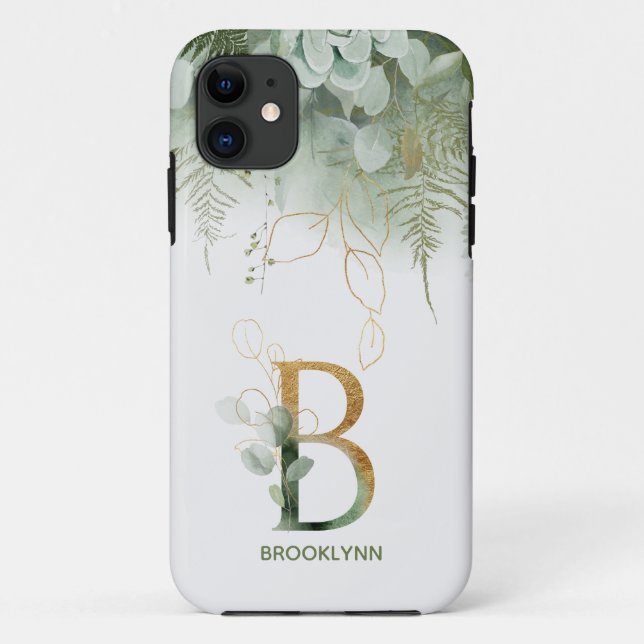 Monograma Elegante B Greenery capas de iphone (Verso)