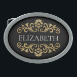 Monograma Elegante Dourado<br><div class="desc">Uma elegante fivela preta e dourada. Então,  Chic e na moda! Adicione seu nome entre o floral dourado floral na frente. Projetado para você pelo Blackberry Boulevard.</div>