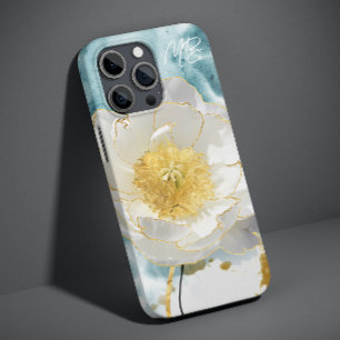 Monograma Elegante Flor Branco Simples Aquarela