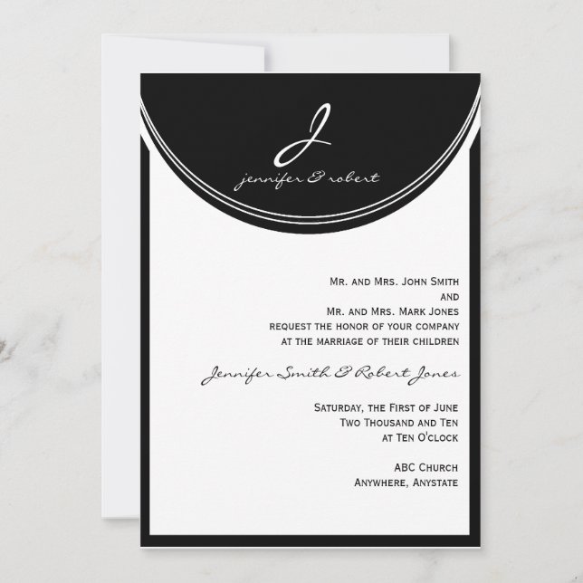 Monograma em Convite para Casamento Preto e Branco (Frente)