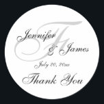 Monograma F Casamento Obrigado Etiqueta<br><div class="desc">Cinza, Monograma Elegante Negro e Branco Obrigado Rótulos. Estas obrigados de casamento que vocês viciam são a maneira perfeita de personalizar seus favores de casamento. Modelo personalizado para "F" inicial. Adicione seus nomes de noiva e noivo e a data do casamento. Design de sobreposição de fontes de script elegante em...</div>