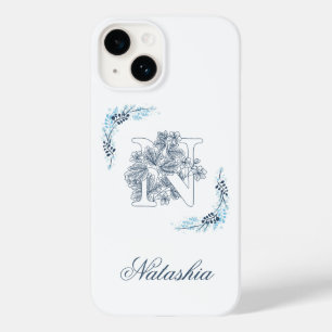 Monograma Floral Calmo Azul Inicial "N"