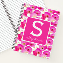 Monograma Floral de Papoula Rosa em Aquarela