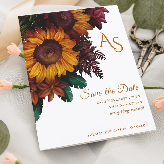 Monograma Floral Laranja Queimado Russo Salvar Dat (Rustic Burnt Orange Floral Monogram Save the Date)