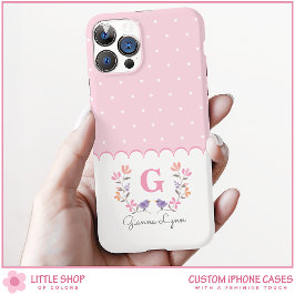 Monograma Floral Rosa Personalizado com Bolinhas