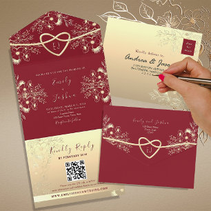 Monograma Floral Vermelho e Dourado de Casamento