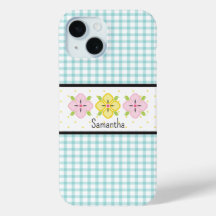 Monograma Floral Xadrez Gingham Aqua