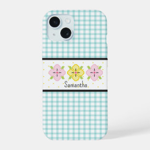 Monograma Floral Xadrez Gingham Aqua
