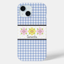 Monograma Floral Xadrez Gingham Azul