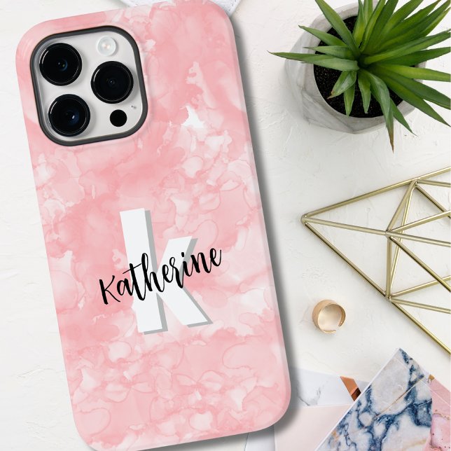 Monograma inicial de aquarela rosa (Simple Pink Watercolor Initial Monogram Case-Mate iPhone 14 Pro Max Case)