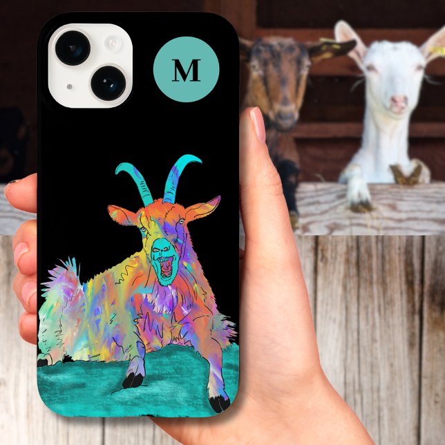 Monograma inicial gritante (Funny screaming goat colorful farm animal illustration with monogram initial custom iPhone case)