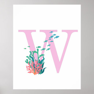 Monograma Inicial W Rosa Teal Oceano Poster