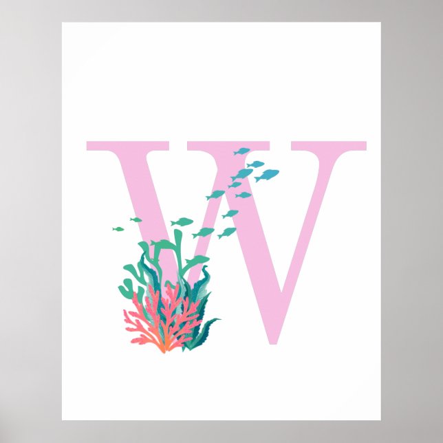 Monograma Inicial W Rosa Teal Oceano Poster (Frente)