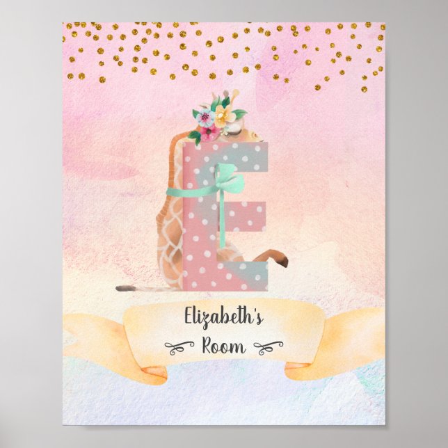 Monograma - Letra E Baby Giraffe Girl Poster (Frente)