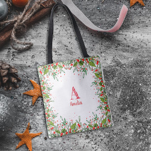 Monograma - Letra elegante de Natal Vermelho Tote