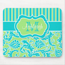 Monograma listrado branco Mousepad do damasco do